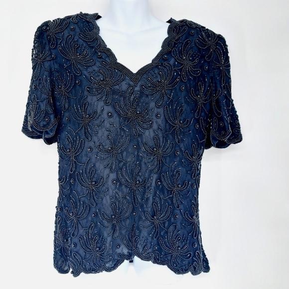 Laurence Kazar Tops - Laurence Kazar New York Black Elegant All Over Beaded Vintage Evening Top Size L
